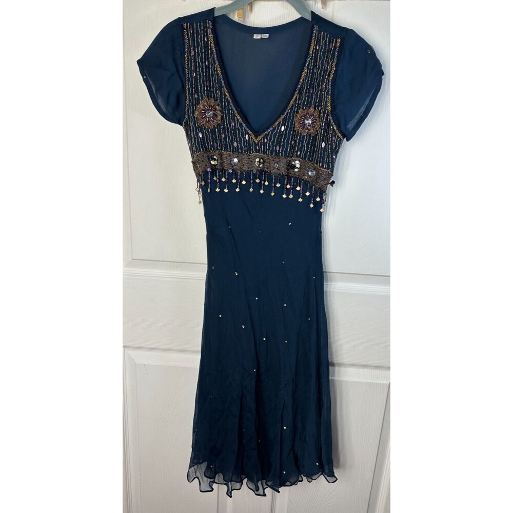 Beaded Dress Size Small Iridescent Embellishments Chiffon Overlay Boho Cottage